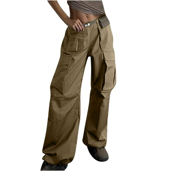 IROINNID Pants for Women Cargo Baggy Mid Waist Wide Leg Bib Full Length Trendy Casual Cargo Pants,Olive Green