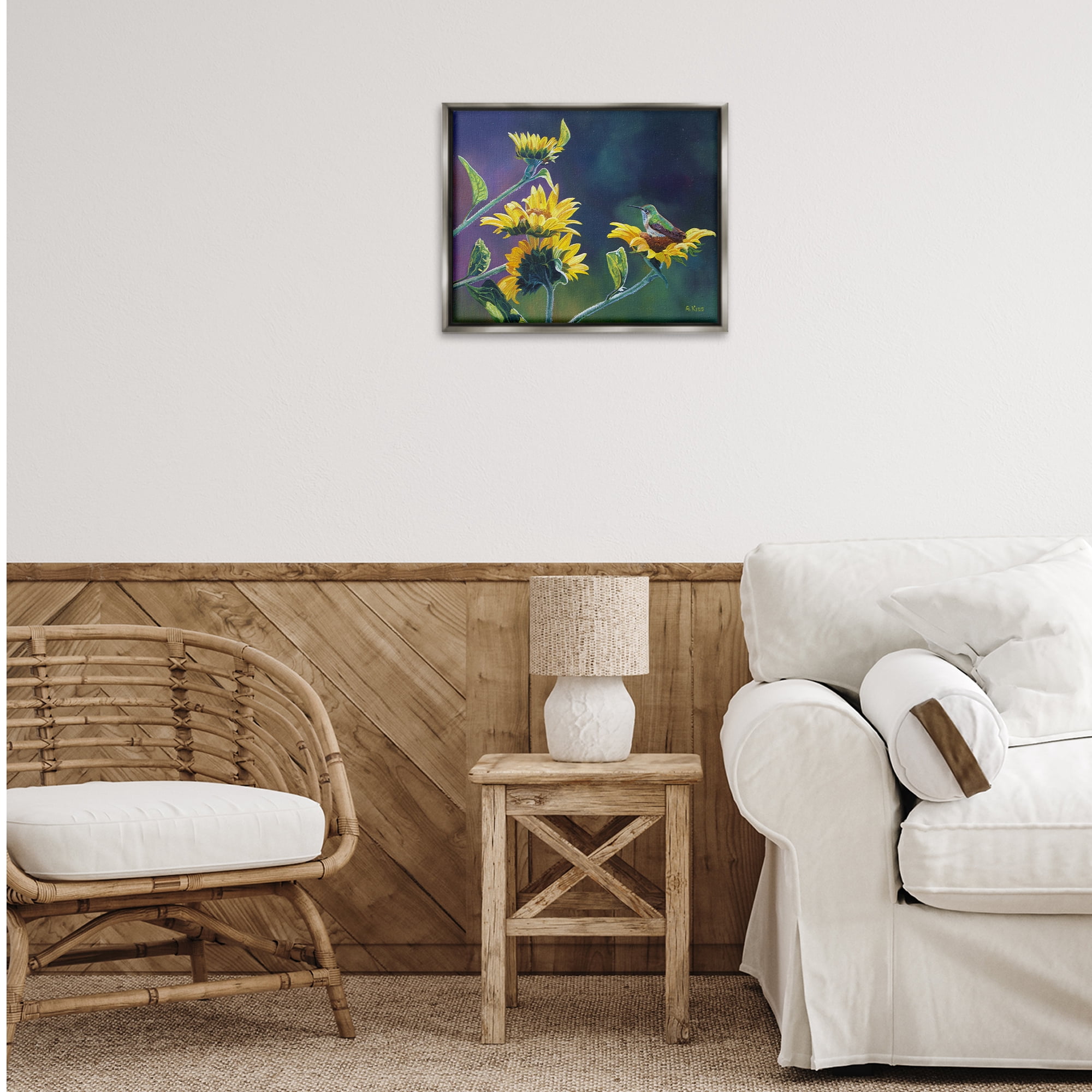Stupell Industries Resting Birds on Sunflowers Plants & Flowers Painting Gray Floater Framed Canvas Art Print Wall Art, 21 x 17
