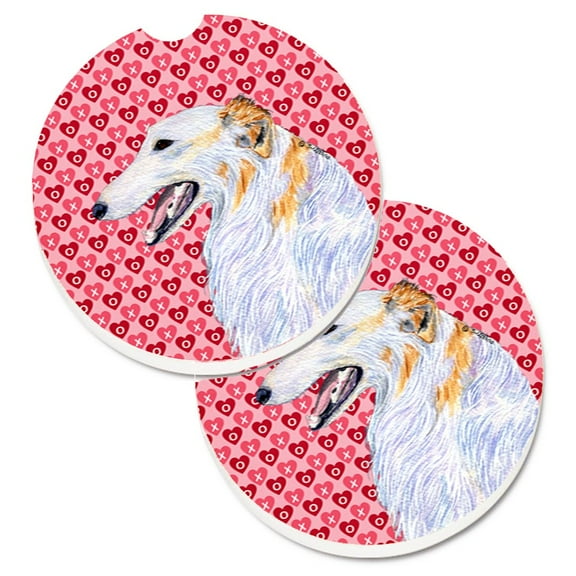 Borzoi Hearts Love and Valentines Day Portrait Set of 2 Cup Holder Car Coasters