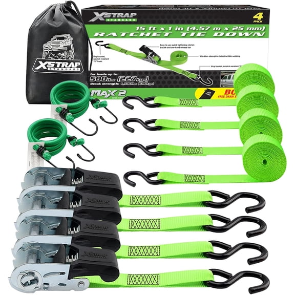 XSTRAP STANDARD 4 Pack 1" x 15Ft Ratchet Tie Down Straps - 500Lbs Load Cap, 1500Lb Break Strength, Includes 2 Bungee Cords for Moving Appliances & Motorcycle, Green