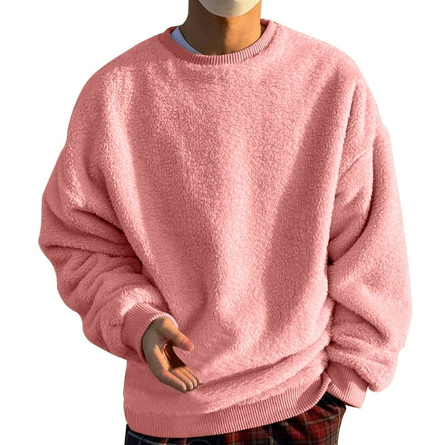 Men's Fuzzy Pullover O - Neck Sweatshirt - Long Sleeve Solid Color Fall Outwear, Fleece Material, Casual Style, Zipper Closure, Multiple Sizes