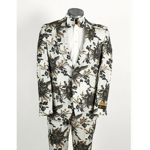 Mens 2 Button White, Black, & Gold Foil Floral Paisley Prom and Wedding Tuxedo By Alberto Nardoni Brand Designer