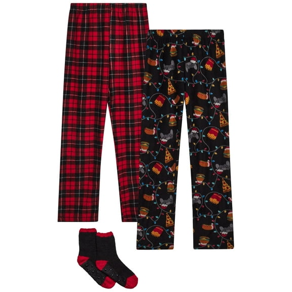 PJ's & Presents Boys' Christmas Pajama Pants - 2 Pack Flannel Fleece Sleep Pants with Socks (4-18)
