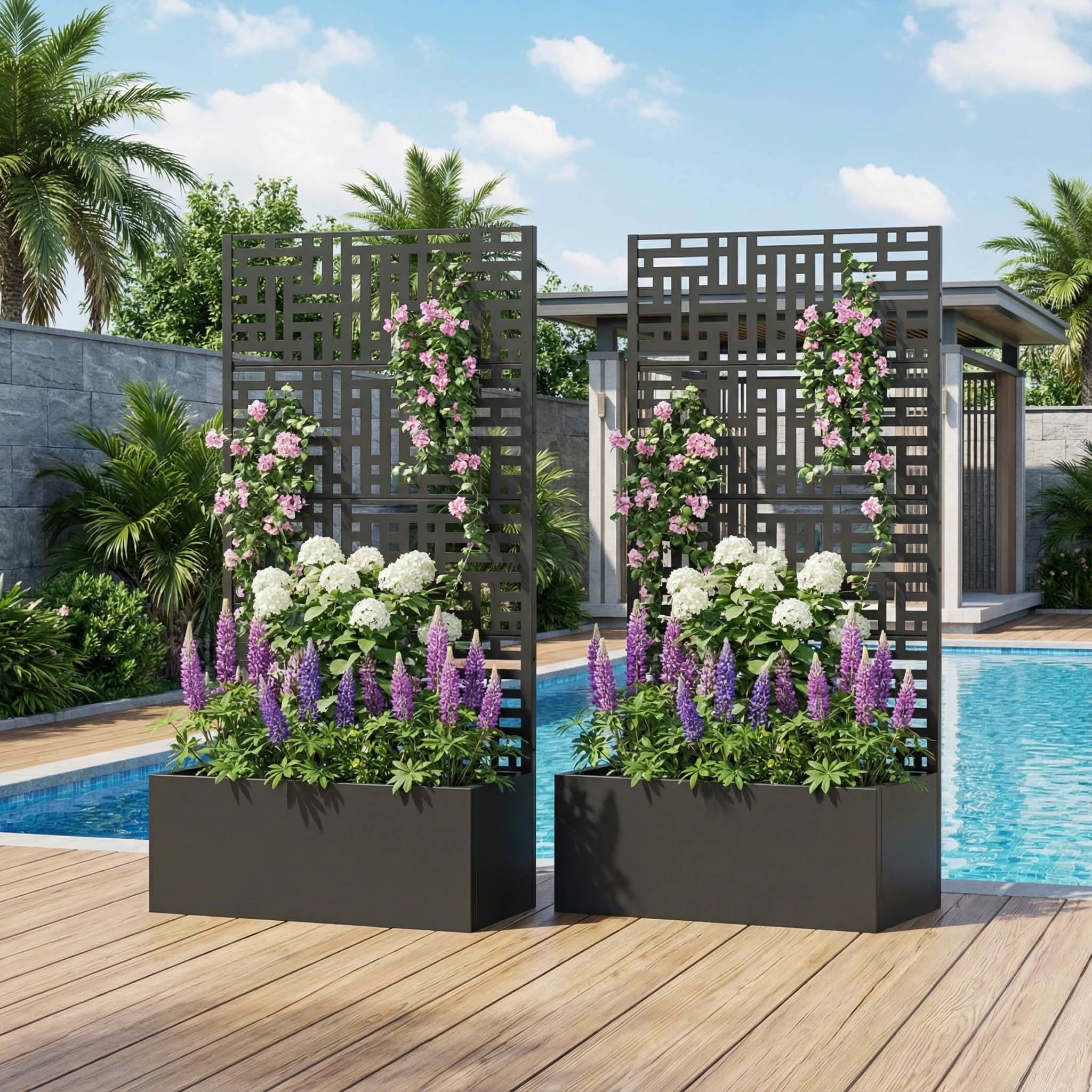 MAYEERTY 59X30" Metal Outdoor Black Privacy Screen with Planter Box for Backyard & Garden, 4 Piece Set, Double‑sided Installation
