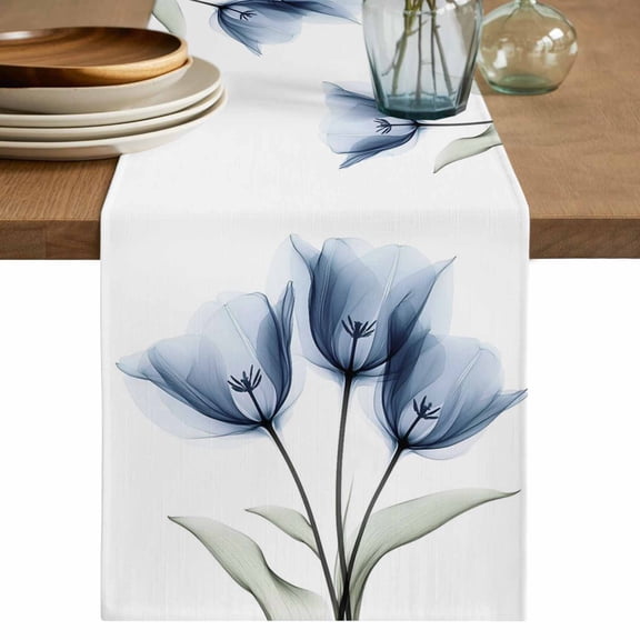 Table Runner 48 Inches Long for Kitchen Dining, Blue Tulip Dresser Scarf Farmhouse, Dining Table Decorations for Wedding/Parties, Spring Floral Botanical Leaves Pastoral 13 x 48 In