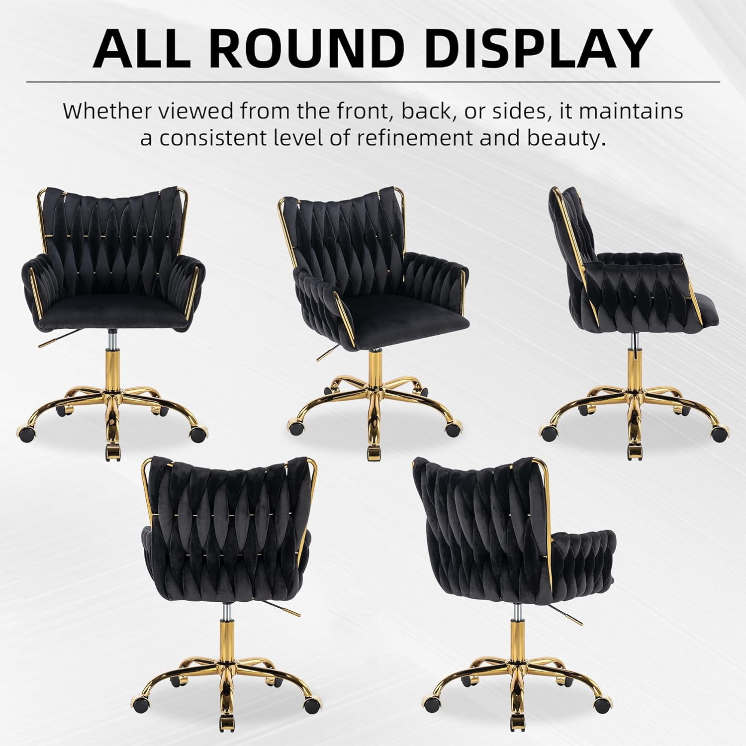 Westice Velvet Desk Chair, Home Office Gold Comfy Chair with Hand Woven High Back, Height Adjustable Swivel Chair with Comfy Upholster for Makeup Vanity Living Room Bedroom, Black