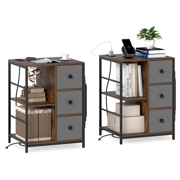 Gymax Nightstand 2 PCS 3-Tier Storage End Table Bedside Table with Charging Station & Shelf