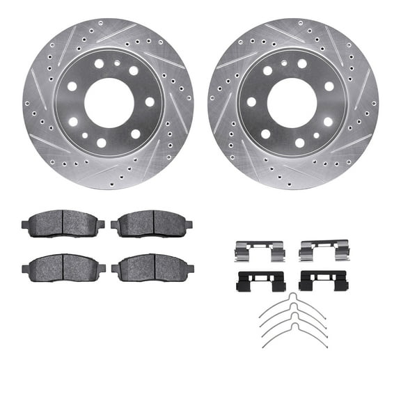 Dynamic Friction Company Front Brake Rotors-Drilled and Slotted-Silver with Heavy Duty Brake Pads includes Hardware 7212-99225