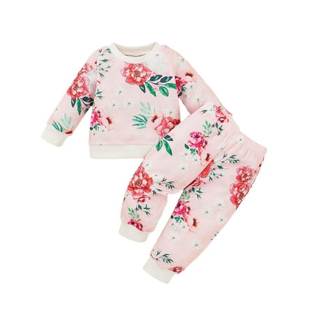 

uukiA Infant 3-24 Months Baby Girls Pink Floral Print Long Sleeve Top And Pants 2PCs Outfits Set