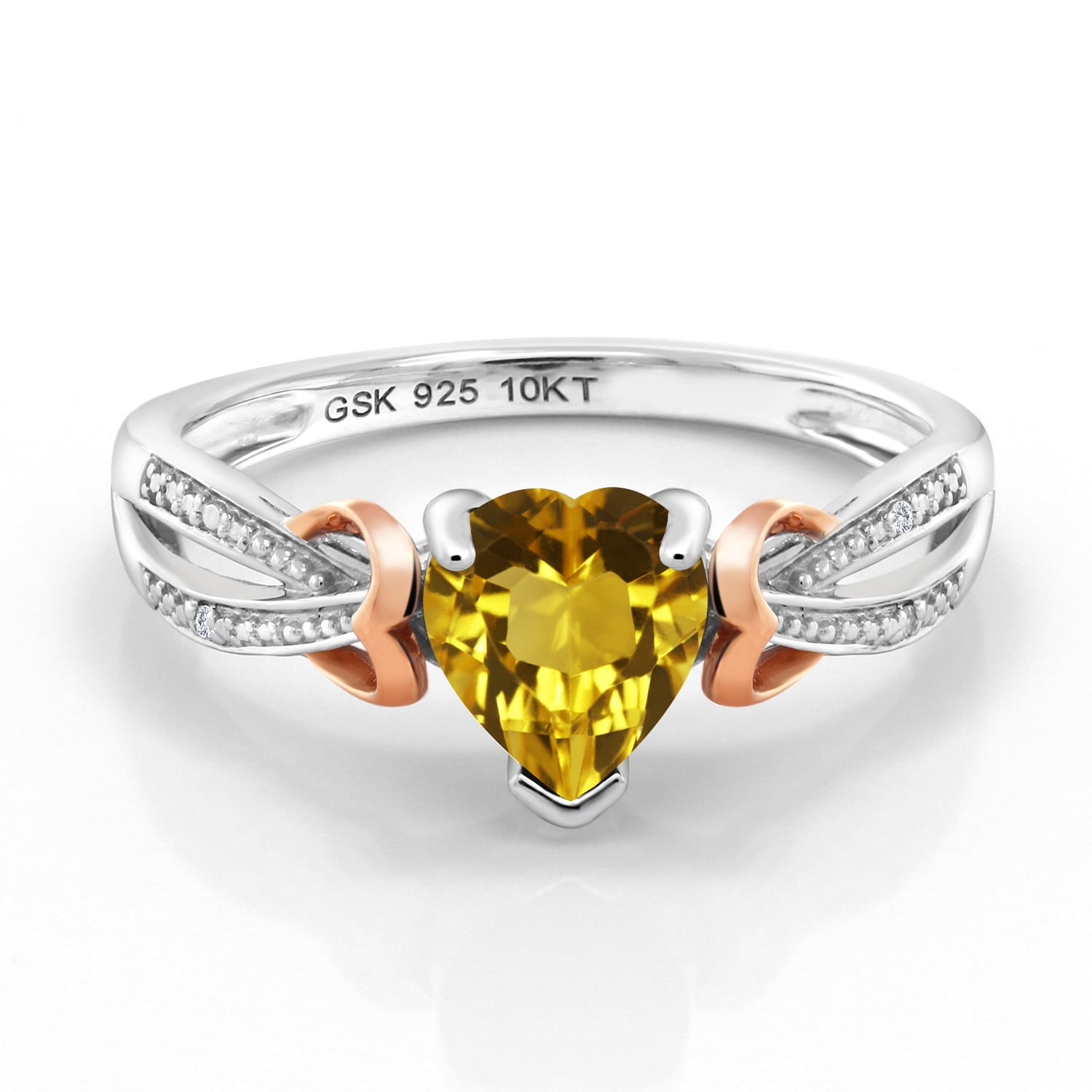 Gem Stone King 0.71 Ct Heart Shape Yellow Citrine in 925 Silver and 10K Rose Gold Diamond Ring
