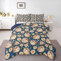Homewish Boys Girls Animal Hedgehog 3 Pieces Queen Comforter Set,Floral Daisy Ultra Soft Bedding Sets,Flowers Wildlife Bedding Comforter Set Breathable,Super Cozy Room Decor,Reversible