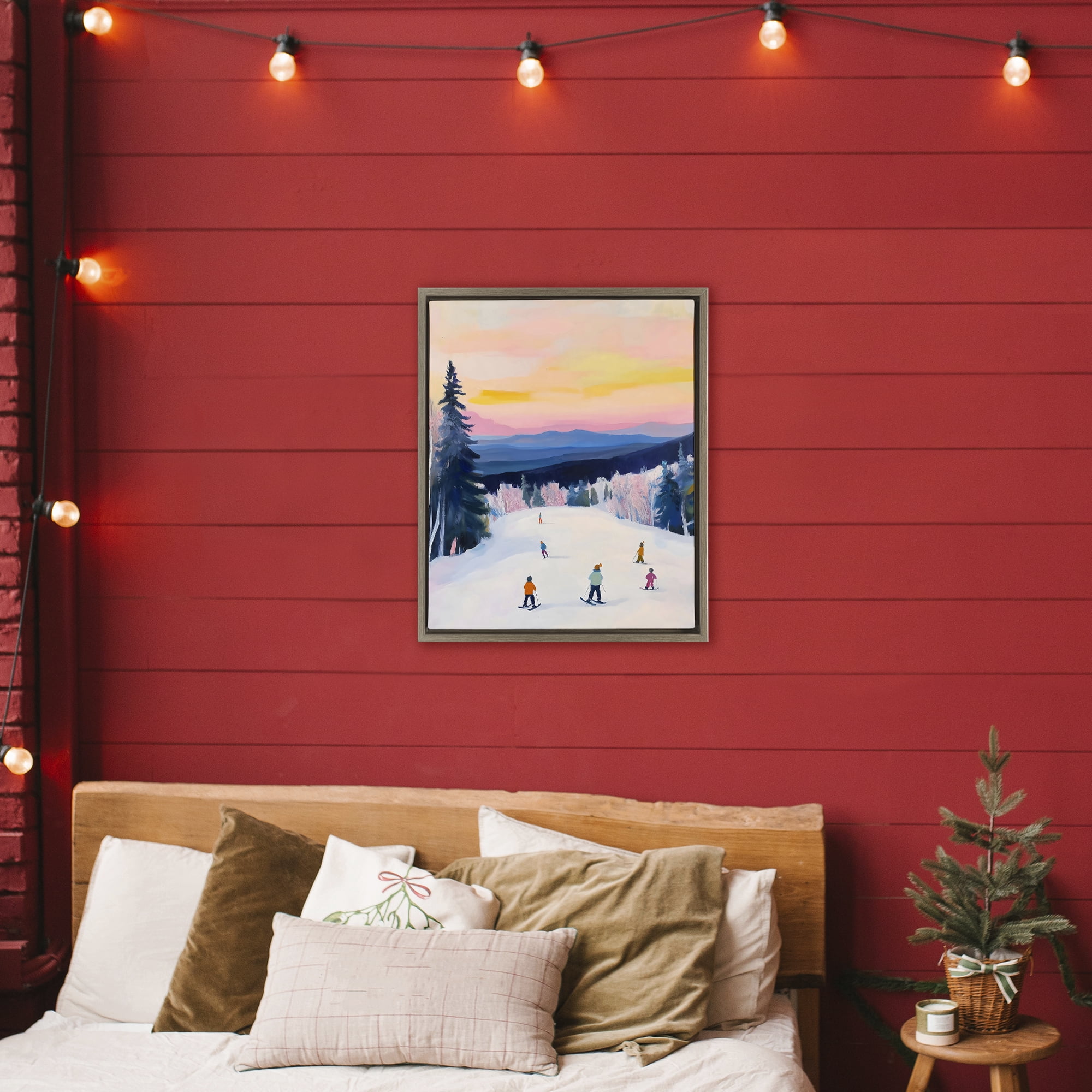 Stupell Industries Snowy Mountain Skiers at Sunset Brown Framed Floater Canvas Wall Art, design by The Prints Vibe