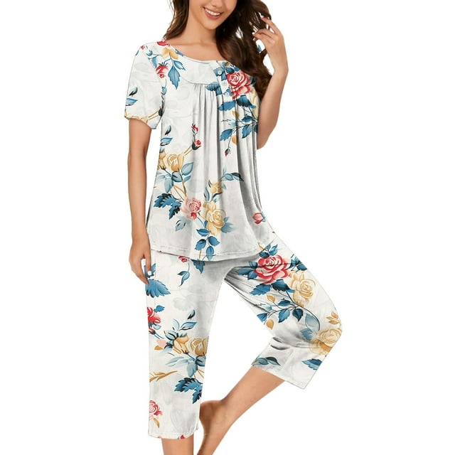 Pisexur Ensembles de Pyjama pour Femmes 2 Pcs Ensemble de Détente Élégant Boho Chemises de Nuit Florales pour Femmes Confort Décontracté Col Rond Manches Courtes Plissées T-Shirts Boutonnés Hauts et Pantalons Longueur Genou avec Poches