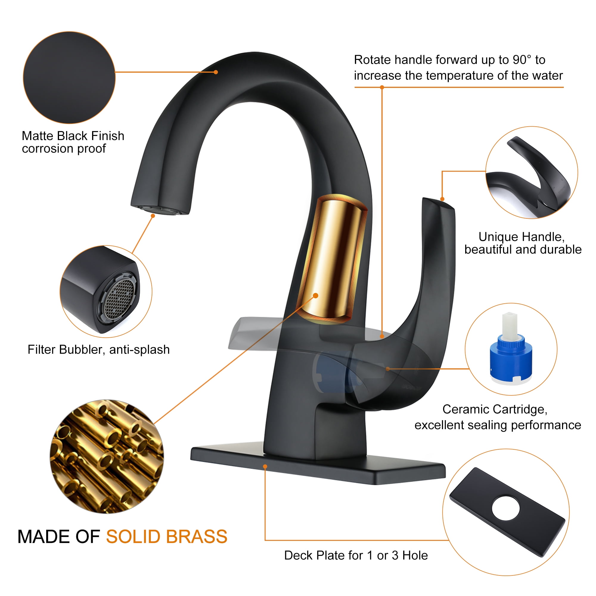 WOWOW Matte Black Bathroom Faucet Single Handle Bathroom Basin Faucet with Deck Plate