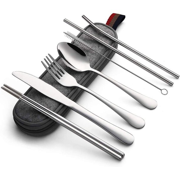 Utensilios portátiles, juego de cubiertos para viajes y campamentos, 8 piezas que incluyen cuchillo, tenedor, cuchara, palillos, cepillo de limpieza y pajitas, estuche portátil, juego de