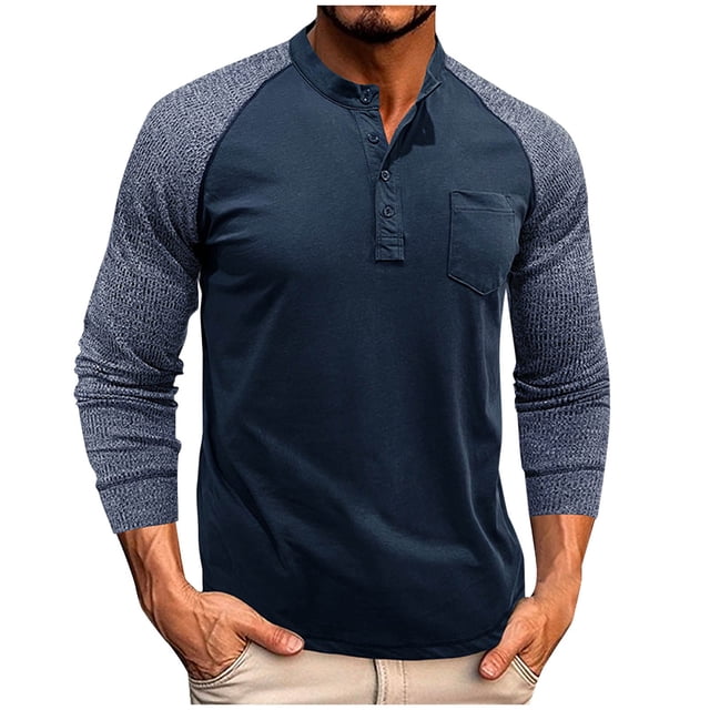 Blusas y camisas de manga larga y cuello redondo para hombre, informales, de color liso, con botones y bolsillos, de poliéster.
