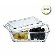 Pasabahce Glass Storage Container with Lid, 2 Part Relish Dish, Stylish Serving Dish