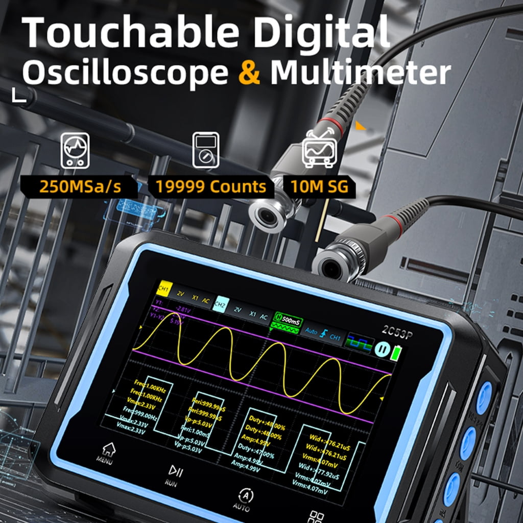 Oscilloscope 2CH Digital Oscilloscope Multiumeter 3 in 1 50MHz Bandwidth 4.3" Display Multiumeter OSC+DMM+Waveforms