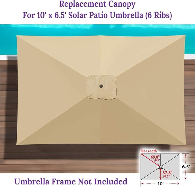 SOLAXO 6-Rib 10'x6.5' Solar Patio Umbrella Replacement Canopy cover for Outdoor