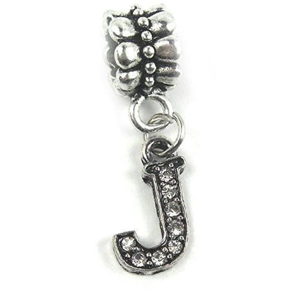 Sexy Sparkles Silver Base Metal Dangle Letter J Charm Beads with Crystals for Snake Chain Charm Bracelet - Zinc Metal Alloy