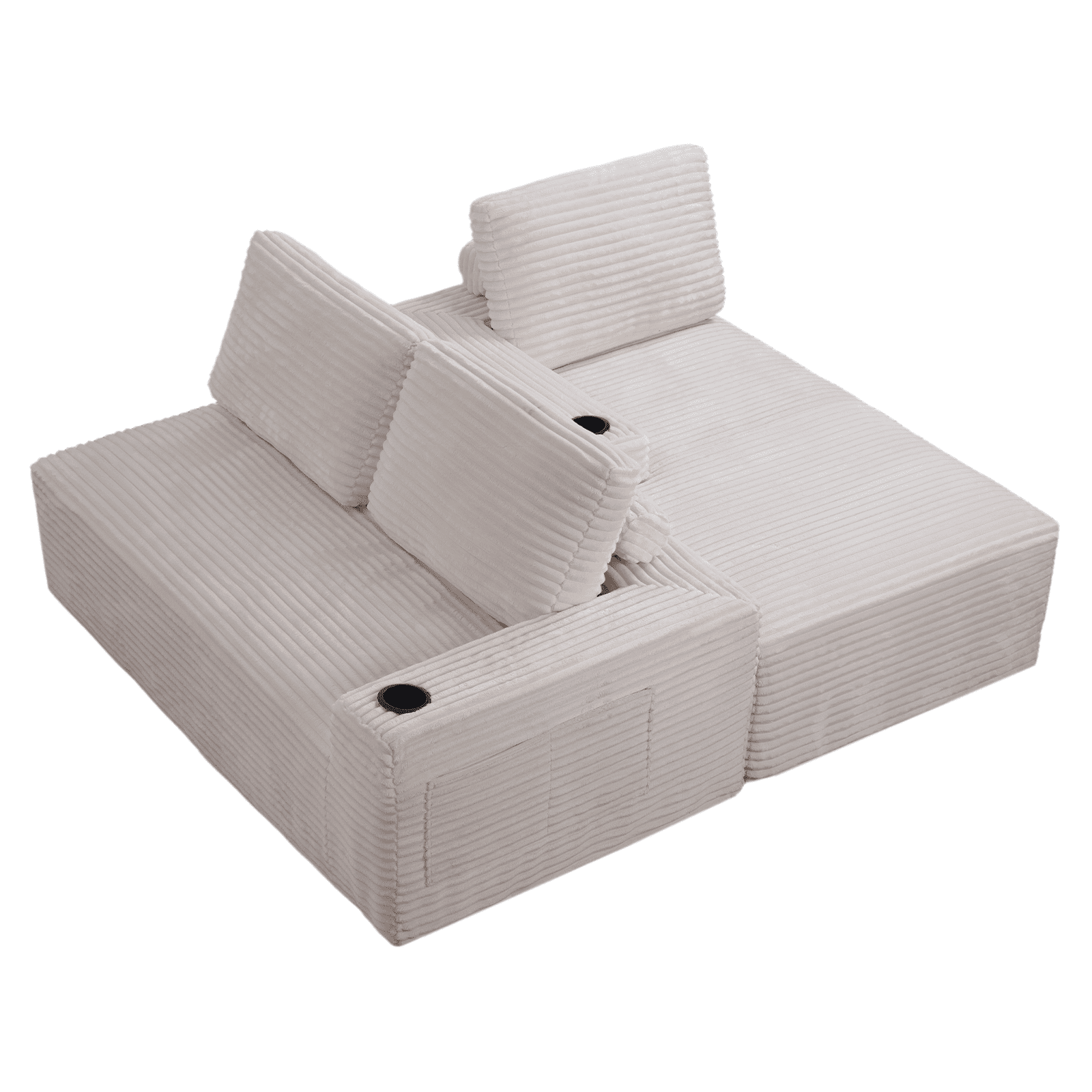 L-Shape Cloud Couch Cup Holders, Modular 104" Cloud Sectional Sofa Corduroy Boneless Sofa Couch with Chaise for Living Room, Cream