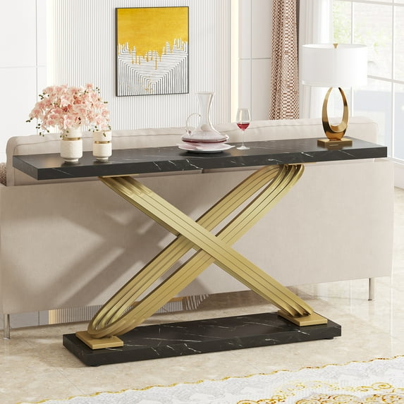 Tribesigns 55 Inches Console Table, Modern Narrow Rectangular Entryway Table, Long Sofa Table with X-Shaped Gold Metal Frame