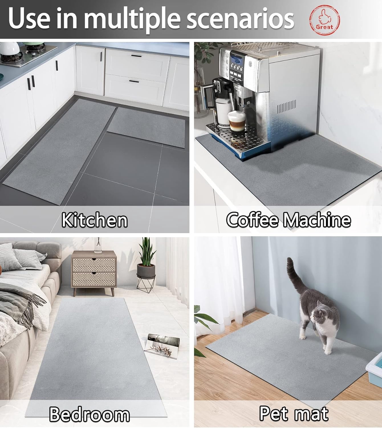 Thin Diatomaceous Earth Bath Mat,Non Slip Quick Dry Mats for Bathroom,Super Absorbency Bathtub Mats-Washable Shower Mat Bathroom Floor Mat(Grey,16"x24")