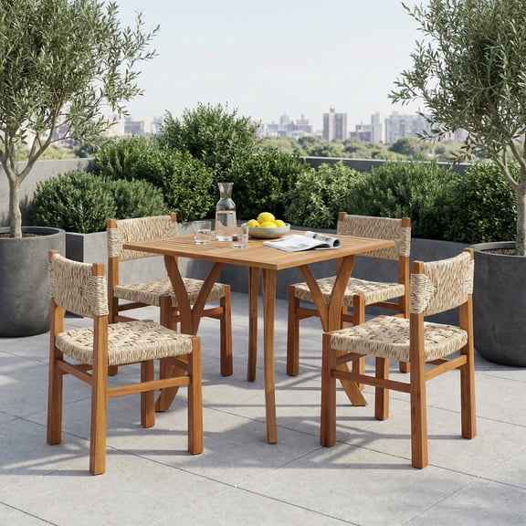 Christopher Knight Home 5-Piece Outdoor Wood Dining Set, Teak Square Table and Light Gray Wicker Chairs