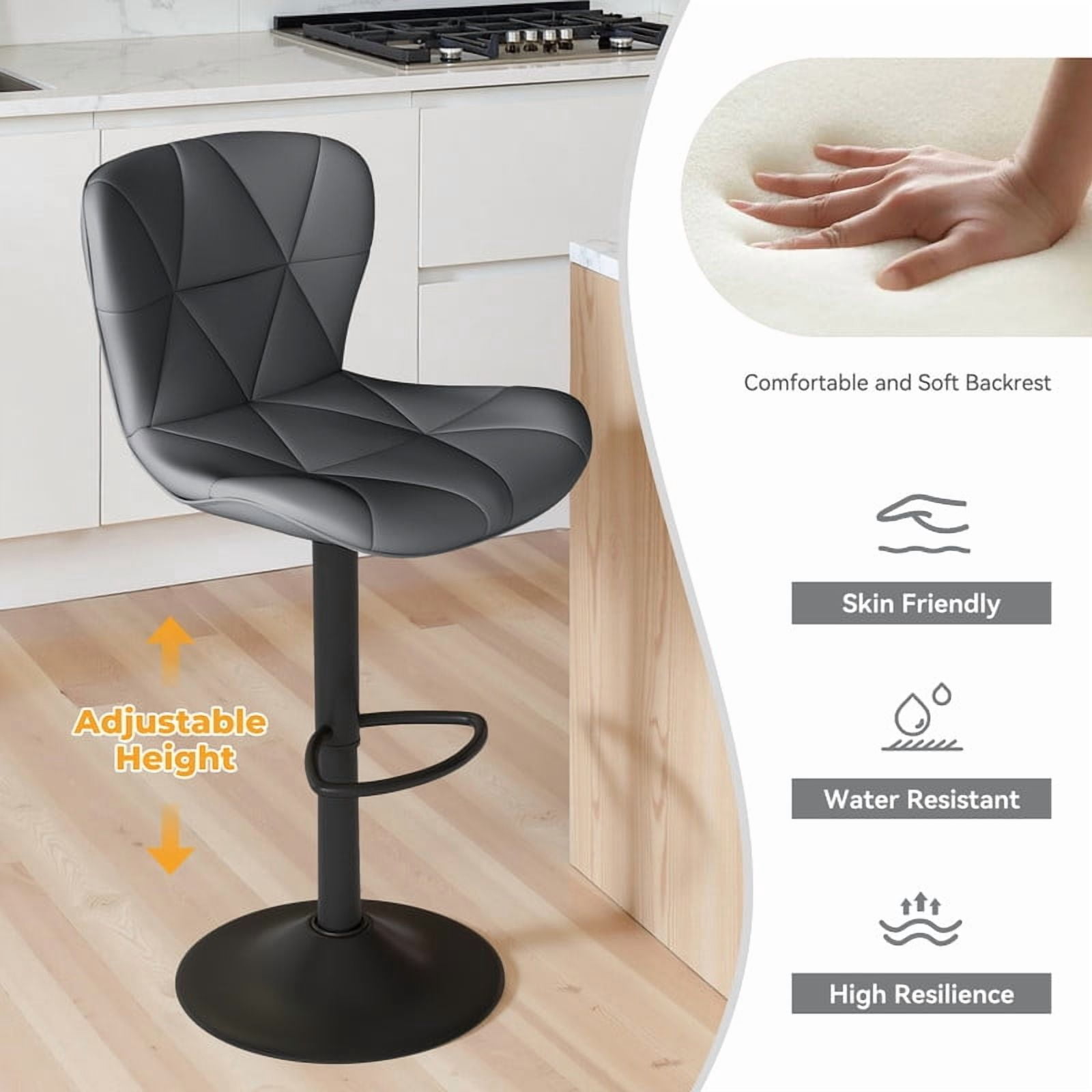 Daluvenix Modern Bar Stools Set of 1, Adjustable Swivel Counter Height Bar Chairs with Back, Faux Leather Upholstered for Kitchen Island, Dark Grey