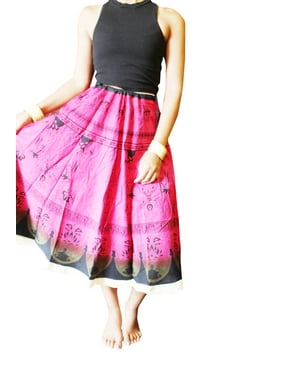 Mogul Women Bohemian Skirt, Boho Pink Summer Skirt, Flared Printed Beach Skirts S/M