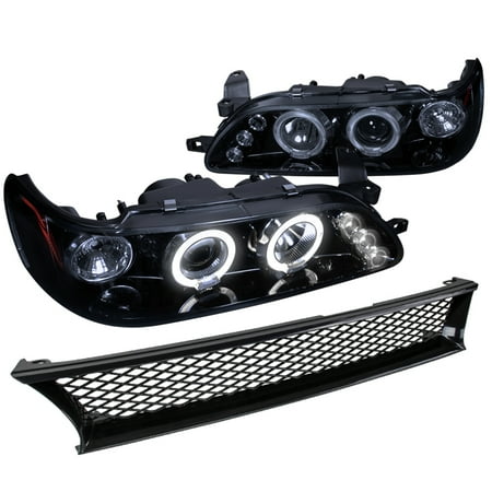 1994 Toyota Tercel Headlight Spec-D Tuning For 1993-1997 Toyota Corolla Led Halo Glossy Black Projector Headlights + Abs Mesh Hood Grille 1993 1994 1995 1996 1997 ()