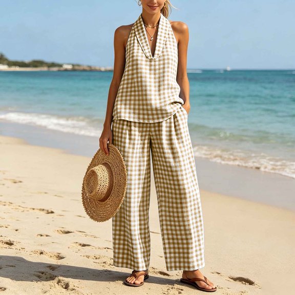 Gamviast Women's 2 Piece Gingham Pants Set Halter Neck Sleeveless Top and Wide Leg Palazzo Pants Matching Outfit with Pockets Casual Vacation Lounge Wear Brown XL