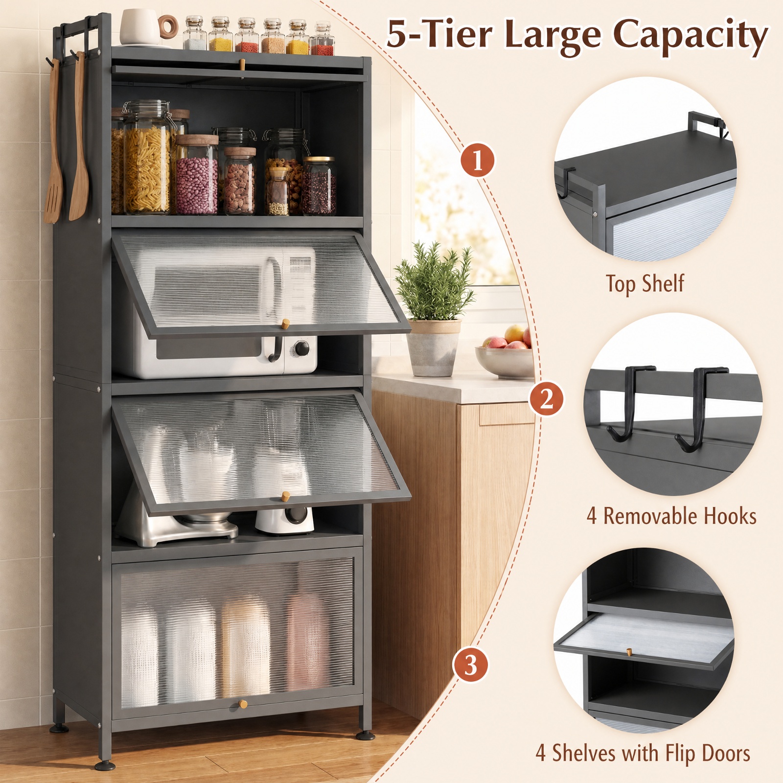 RUIE 5-Tier Rolling Kitchen Storage Cabinet with Flip-up PC Doors, Metal Baker's Rack Pantry Shelf with Universal Wheels, 165 lbs Capacity, Gray
