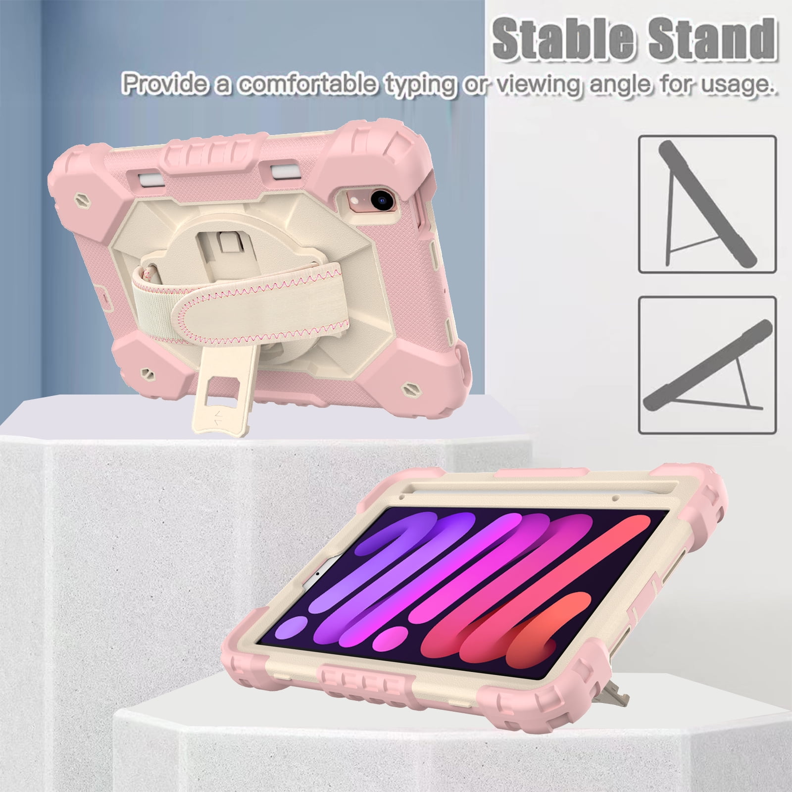Case for iPad Mini 6 2021 8.3-inch, Kids Shockproof Rugged Hybrid 360 Rotating Stand Cover with Hand Shoulder Strap/Pencil Holder