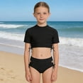 thumbnail image 7 of REDARER Girls 2 Piece Bikini Swimsuit Set Solid Short Sleeve Crop Top High Waist Bottoms With Side Drawstrings Summer Beach Pool Swimwear,11-12 Years, 7 of 7