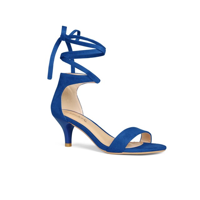 BLISSFUL STEP Chaussures pour Femmes en Faux Suède à Lacets à Bout Ouvert à Talon Kitten avec Semelle Intérieure Coussinée Sandales Bleu Royal 9