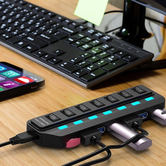 ADDHAT USB Hub 7 Con LED Y Protección Contra Sobrecarga Para Computadora Color Negro