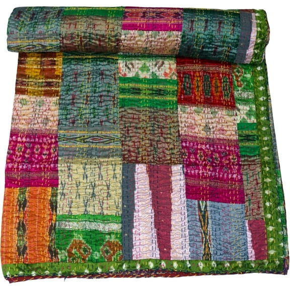 Marusthali indian patchwork quilts hand made quilt cotton bedspread kantha throw quilts silk sari blanket indian handmade cotton quilt throw blanket bedspread gudari (Multi, Twin)