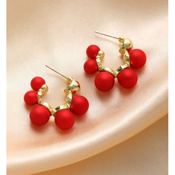 Pierced 1" gold and matte red bead hoop earrings
