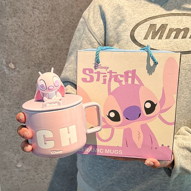 Taza de Disney Stitch con personalidad creativa, animación de ángel, taza de cerámica periférica kawaii, taza de café con tapa, regalo para pareja