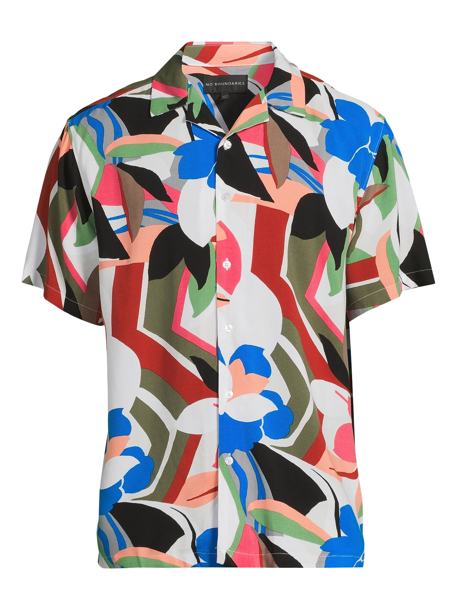 No Boundaries Men's Print Button Up Shirt with Short Sleeves, Sizes XS-3XL