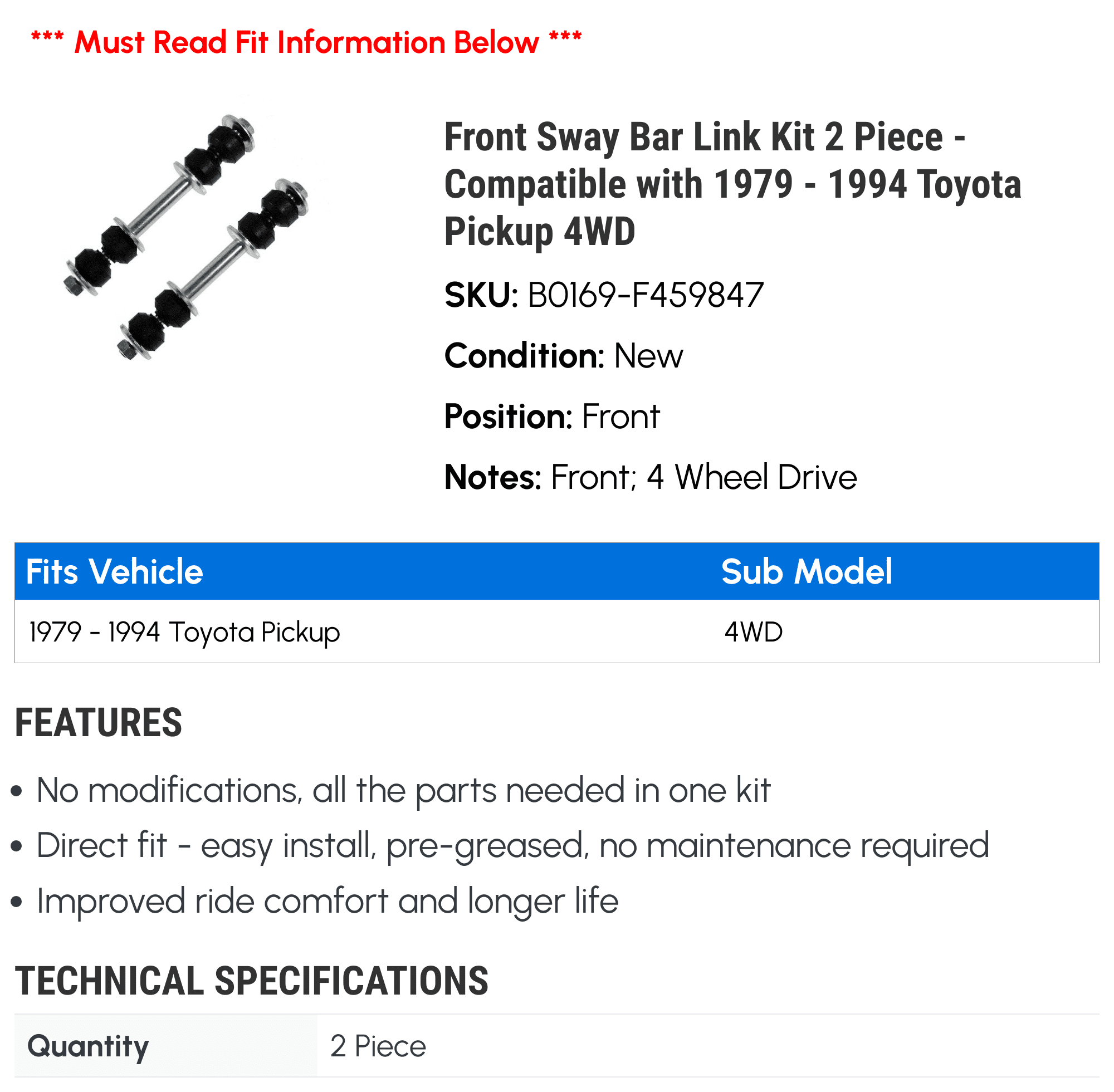 Front Sway Bar Link Kit 2 Piece - Compatible with 1979 - 1994 Toyota Pickup 4WD 1980 1981 1982 1983 1984 1985 1986 1987 1988 1989 1990 1991 1992 1993
