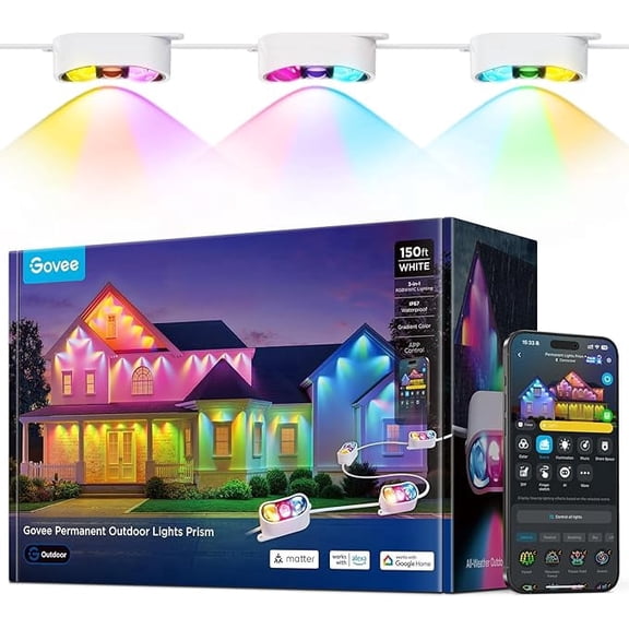 Govee Permanent Outdoor Lights Prism, 150ft with 54 Triple-Color Lighting Heads, 100 Scene Modes, Up to 60lm for Outdoor Decor, IP68 Waterproof, Works with Alexa, Google Assistant & Matter, White