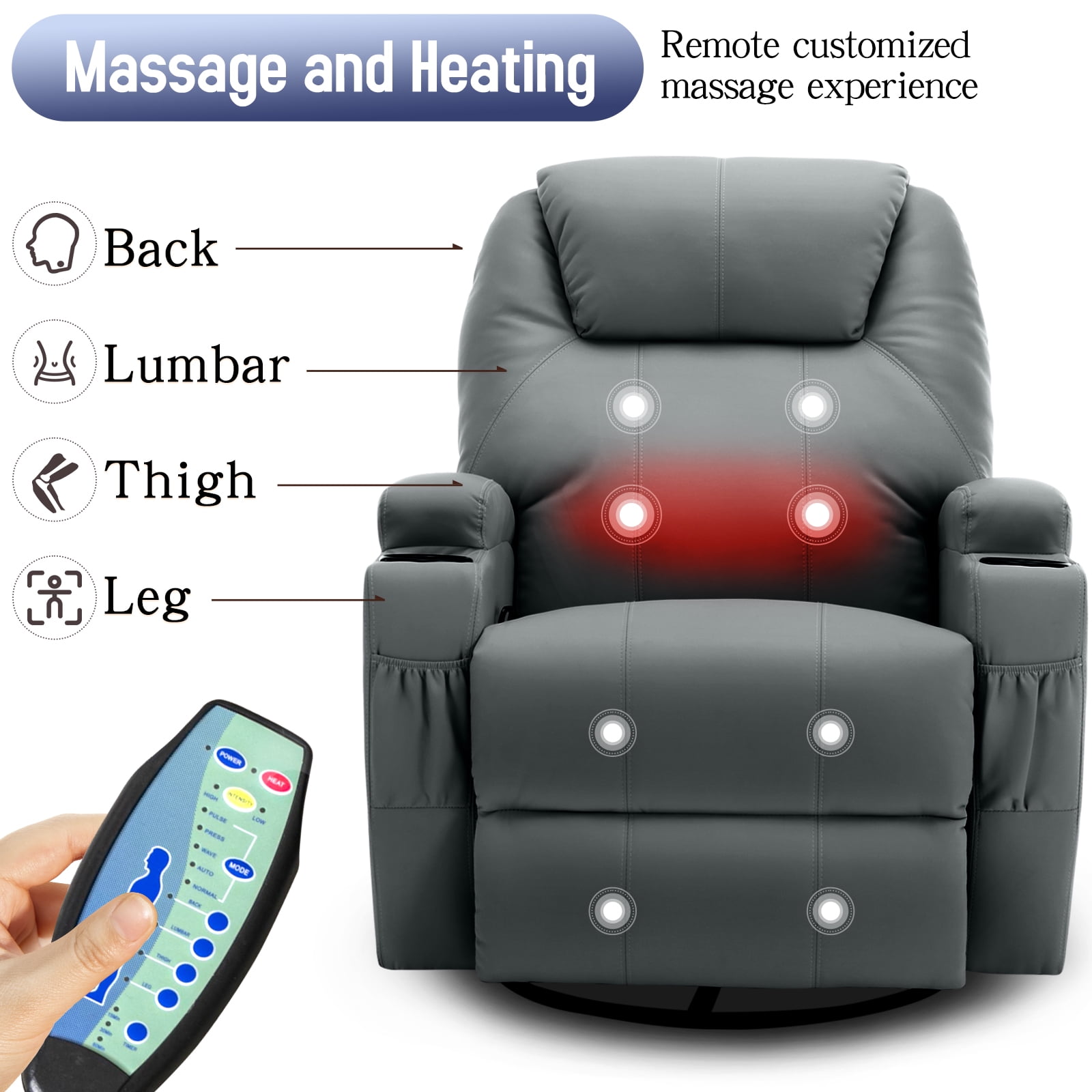 Korser Swivel Rocker Recliner Chair with Massage Faux Leather for Living Room,Grey
