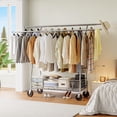 thumbnail image 2 of Exenoray Heavy Duty Double Rod Garment Rack with Storage Basket & Wheels, Adjustable Chrome Clothes Rack with Dual Height Hanging Bars, Rolling Clothing Organizer for Home & Laundry, 2 of 10