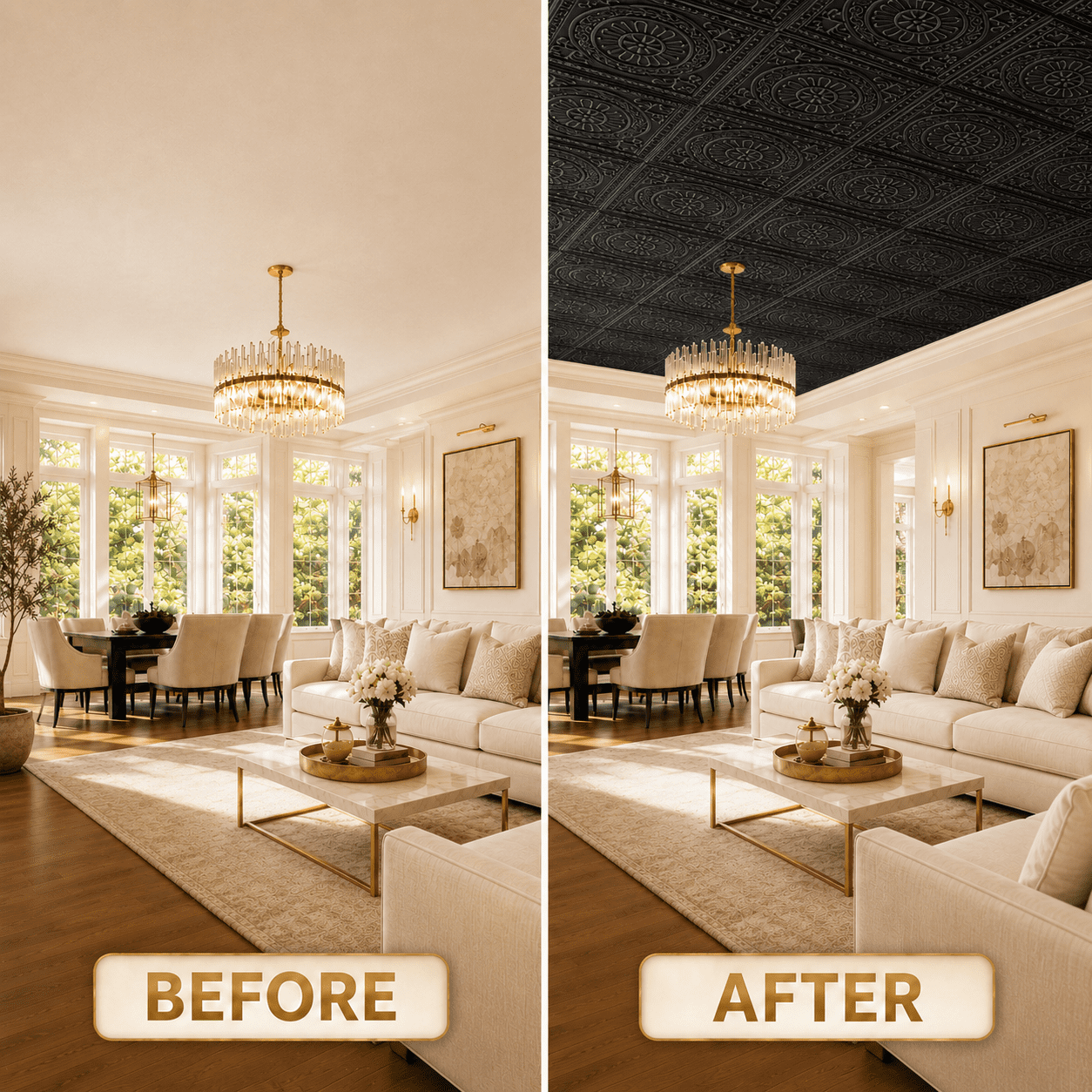 Yeslife 12-Pack Barque Decorative Drop Ceiling Tiles, 2 ft x 2 ft Black PVC Ceiling Panels, Waterproof, Easy to Install, Covers 48 sq ft