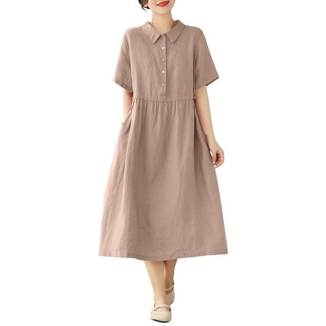 Bocqde Robes en Coton et Lin pour Femmes Mode Décontractée Unie à Manches Courtes Robe à Col à Revers Été Ample Plissée Robe de Plage