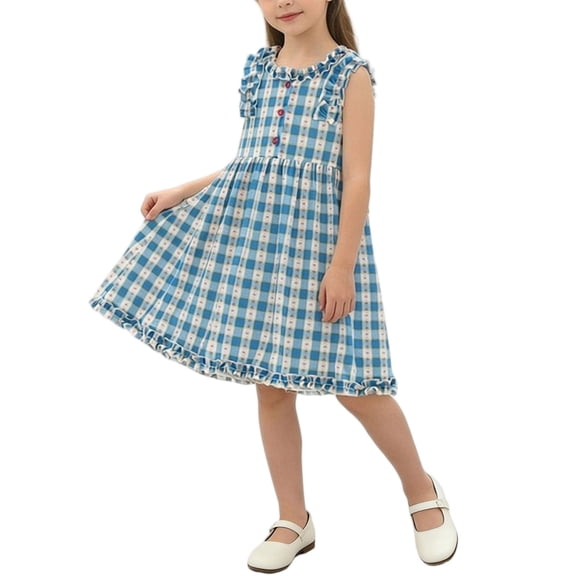 Cethrio Summer Dresses for Girl 2026, Sleeveless Vacation Casual Crew Neck Kids Midi Dresses Blue Size 4-5 T