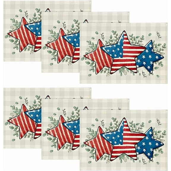 American Flag Stars Eucalyptus 4th of July Placemats Set of 6, 12x18 Inch Memorial Day Table Mats for Party Kitchen Dining Decoration Red