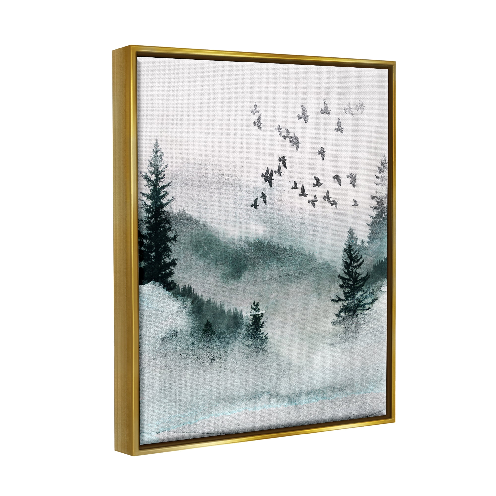 Stupell Industries Birds Flying Woodland Trees Nature Painting Gold Floater Framed Art Print Wall Art, 25 x 31